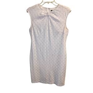 Sharagano Women's White Eyelet Floral Lace Sheath Dress Size 8 Keyhole Classic